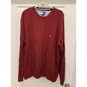 Tommy Hilfiger Sweater XL Mens Crest Logo Cable Knit Burgundy Long Sleeve